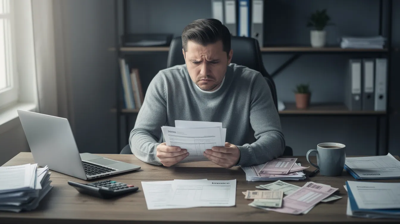 06ff1bbe b03e 462b 9366 b13b260ea499 A small business owner sits at a desk, looking worried as they review paperwork related to their business loan application. The scene reflects the stress of preparing a detailed project report and financial projections necessary for securing a mudra loan or bank loan.