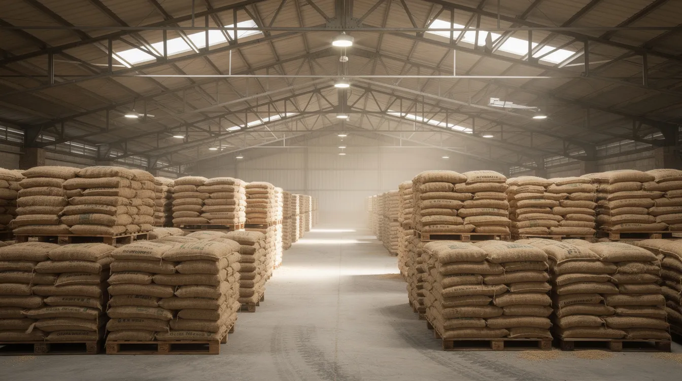 06ffa9f1 26ad 44dd b41b c9604e6dc818 The image depicts the interior of a spacious grain warehouse featuring neatly stacked jute bags of wheat arranged on wooden pallets beneath a high metal roof, showcasing the organized storage capacity essential for warehousing activities. This setting reflects the importance of compliance with safety and quality standards in the warehousing industry.