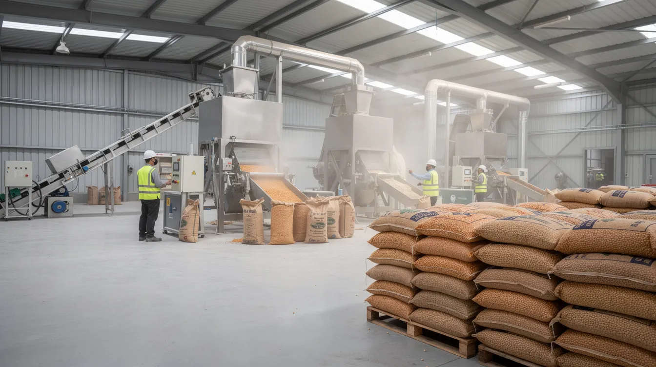 06ffc433 1b6e 4113 8b45 db81f2240af7 The image depicts a dal mill processing plant featuring various machinery, with bags of raw pulses stacked nearby. This setup illustrates the essential components of a dal mill project, highlighting the food processing aspect and the importance of raw materials in pulse milling.