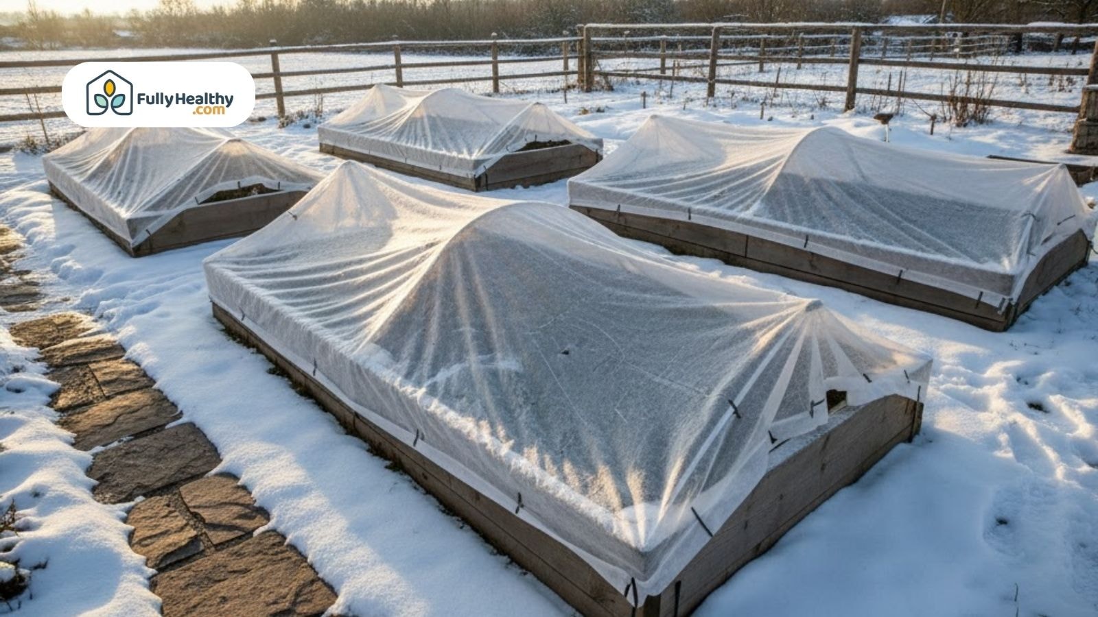 Raised garden beds covered with frost cloth during snowy winter season