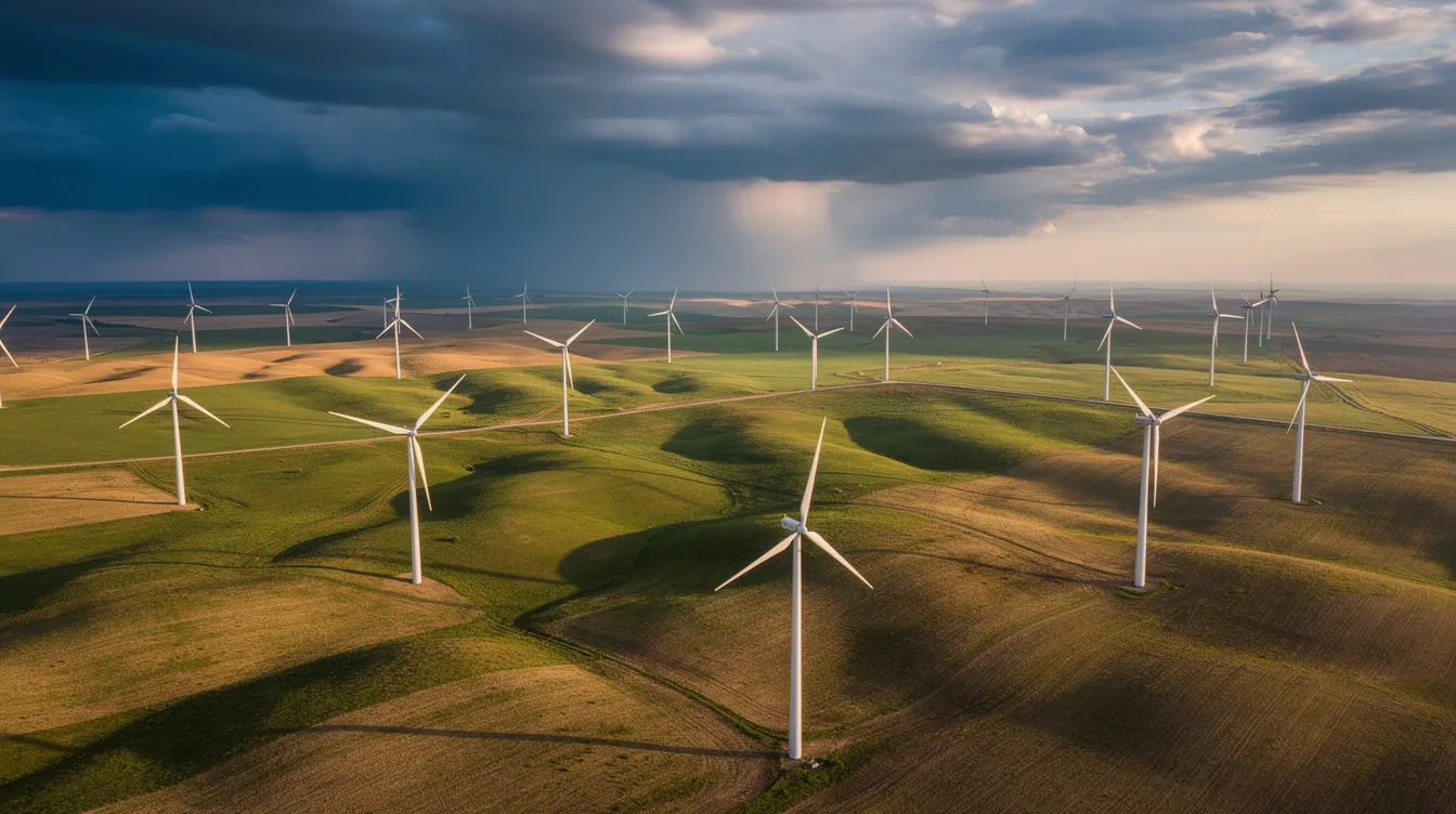An aerial view captures a landscape dotted with wind turbines on rolling green and brown plains, all beneath a dramatic sky. This scene symbolizes the growth of renewable energy projects, particularly wind energy, highlighting the transition towards sustainable power generation.