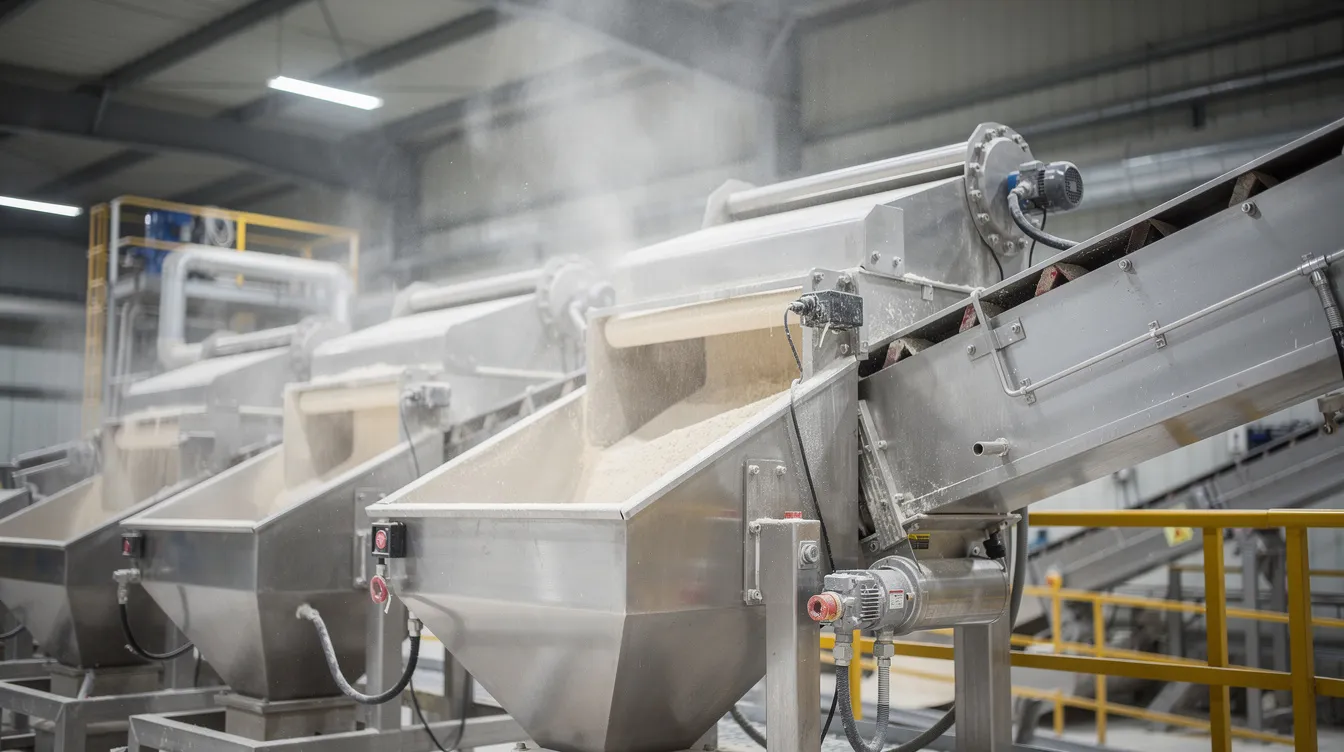 0702f5d7 461d 4b5c 9ff7 8d13677952a4 A close-up view of industrial pulse flour milling machinery showcases metal hoppers and conveyor belts operating within a factory setting, essential for processing various dals like moong dal and chana dal in the food processing industry. This equipment highlights the efficiency and technology involved in maintaining product quality with minimal manual intervention.