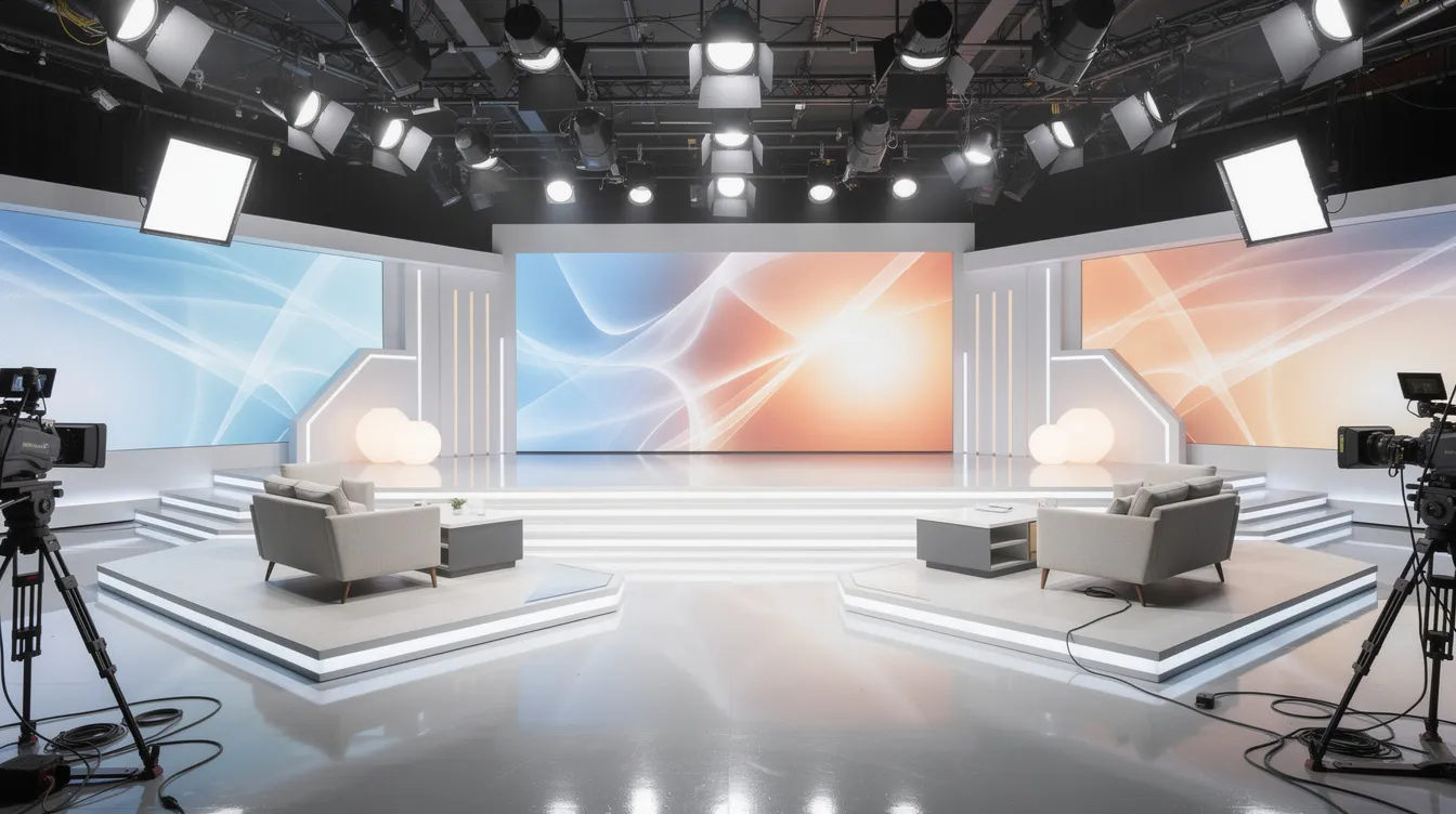Das Bild zeigt ein hell erleuchtetes Fernsehstudio mit modernen Scheinwerfern und einem ansprechenden Bühnenbild, das für eine TV-Show wie "Die Höhle der Löwen" gestaltet ist. Im Hintergrund sind die Konturen von Möbeln und einem Publikum sichtbar, was auf eine dynamische Atmosphäre für Start-ups und Investoren hindeutet.