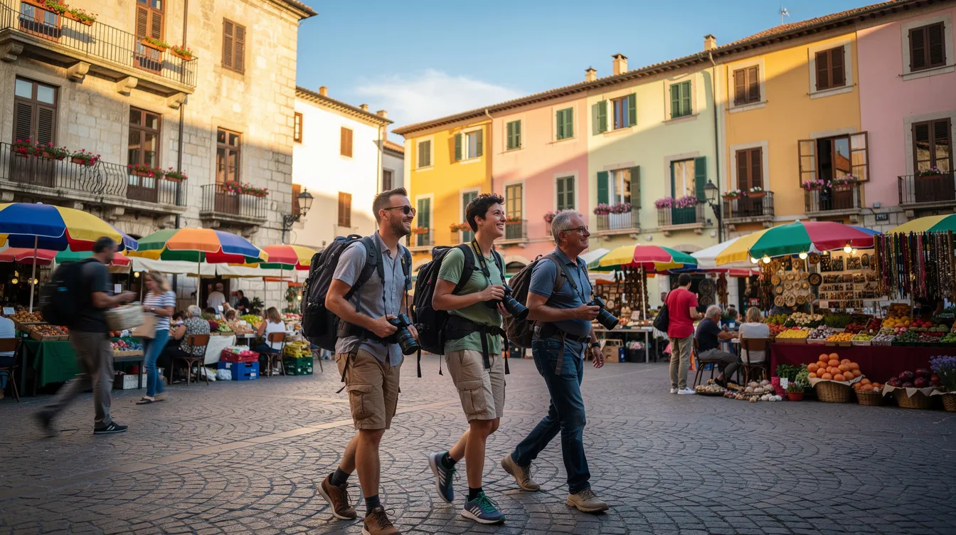 A small group of travelers strolls through a bustling European market square on a sunny day, surrounded by vibrant stalls and local merchants selling unusual objects. In this lively atmosphere, visitors may consider withdrawing cash from an ATM to enhance their experience while exploring the various businesses and enjoying the local culture.