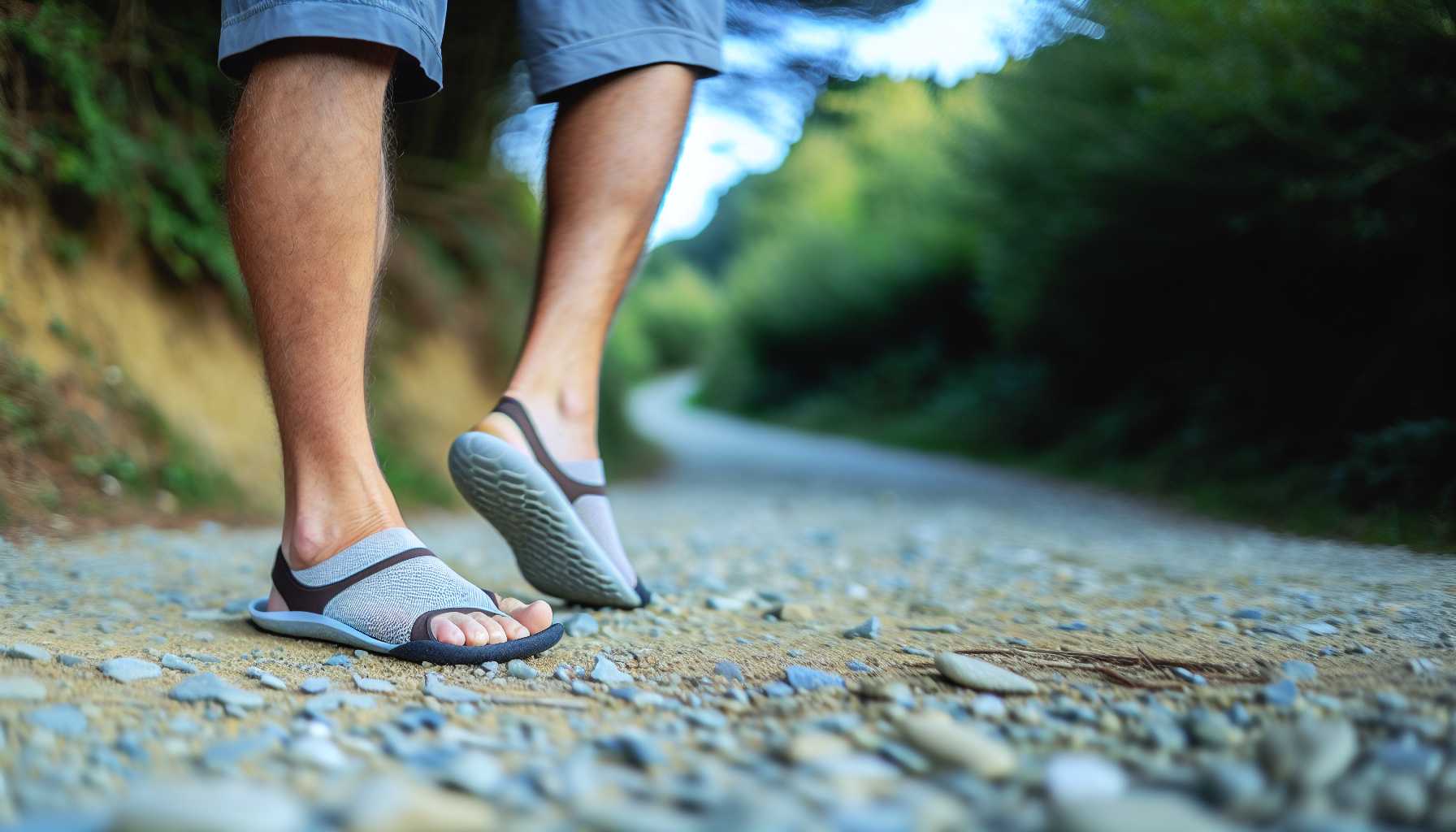 Photo of a person wearing barefoot shoes while walking