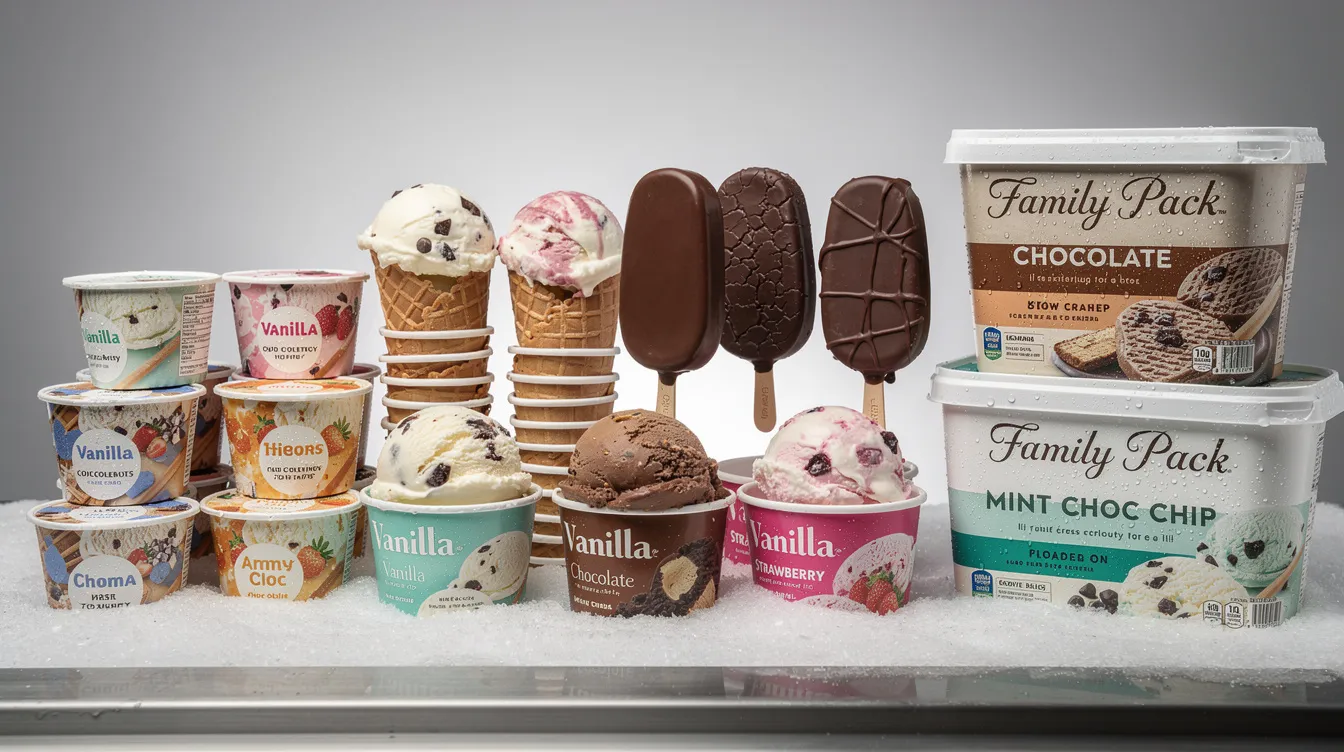 A display showcases a variety of ice cream products, including cups, cones, chocolate-coated bars, and family-pack tubs, highlighting the diversity in ice cream production. This arrangement reflects the efficient production processes and product innovation used by ice cream manufacturers to meet rising demand while ensuring consistent quality.