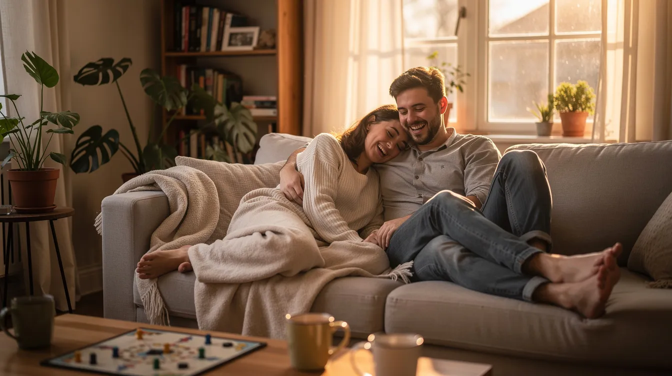 A couple is comfortably enjoying their time at home, engaging in a relaxed conversation that showcases their healthy relationship. Their body language reflects a sense of ease and connection, highlighting the importance of quality time and mutual support in maintaining a joyful and lasting romantic partnership.