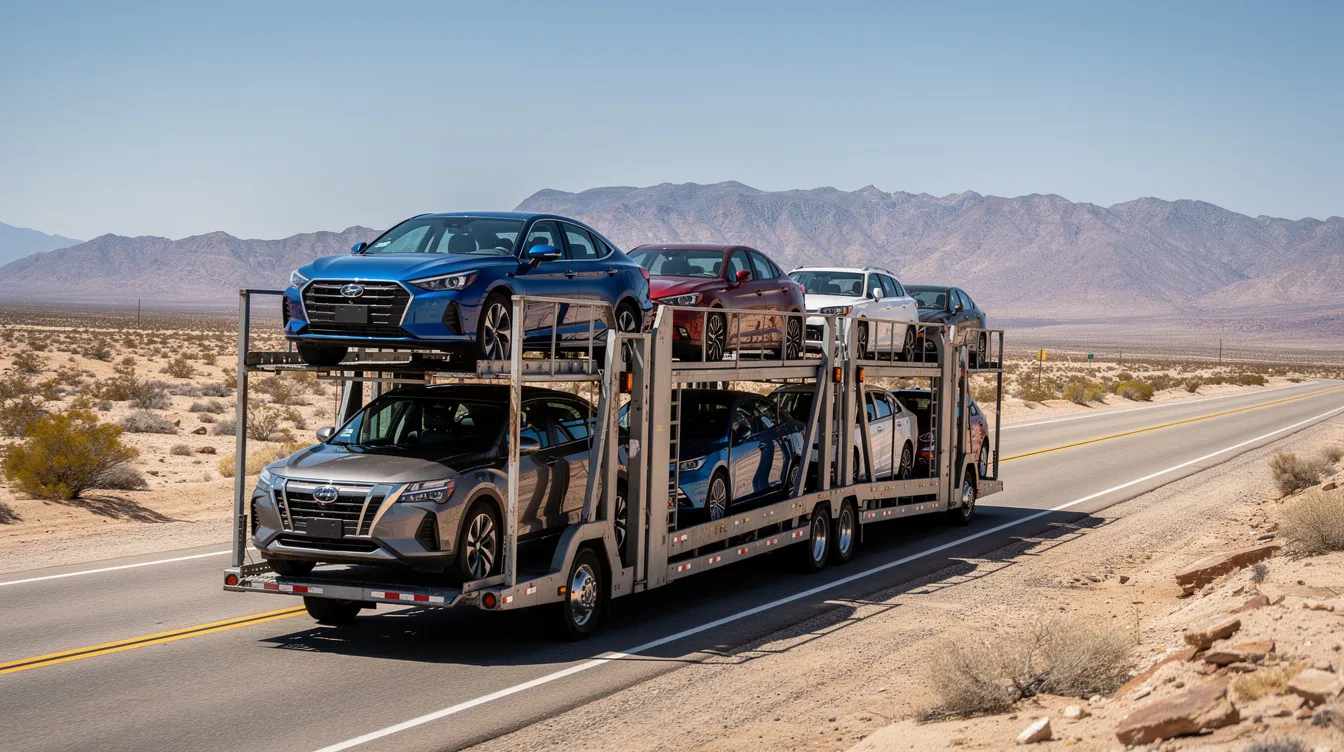 An open car carrier truck is driving along a desert highway, with rugged mountains visible in the background, illustrating the auto transport services commonly used for car shipping in New Mexico. This scene captures the essence of vehicle transport across the state's vast landscapes.
