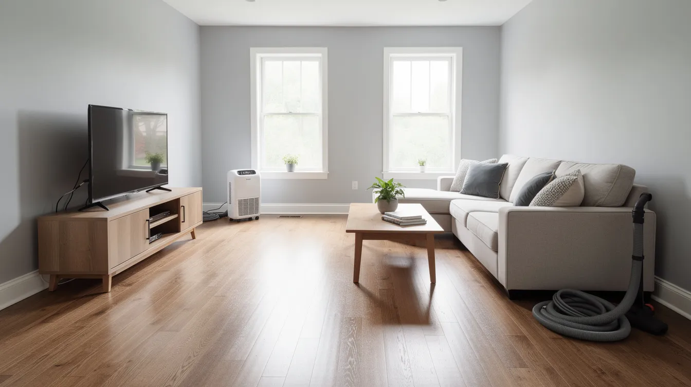 The image shows a beautifully restored living room showcasing the results of professional water damage restoration services, with clean flooring and fresh paint, indicating a successful restoration process. The room reflects a pre-loss condition, free from visible mold growth, demonstrating the expertise of the restoration company in handling water damage emergencies.