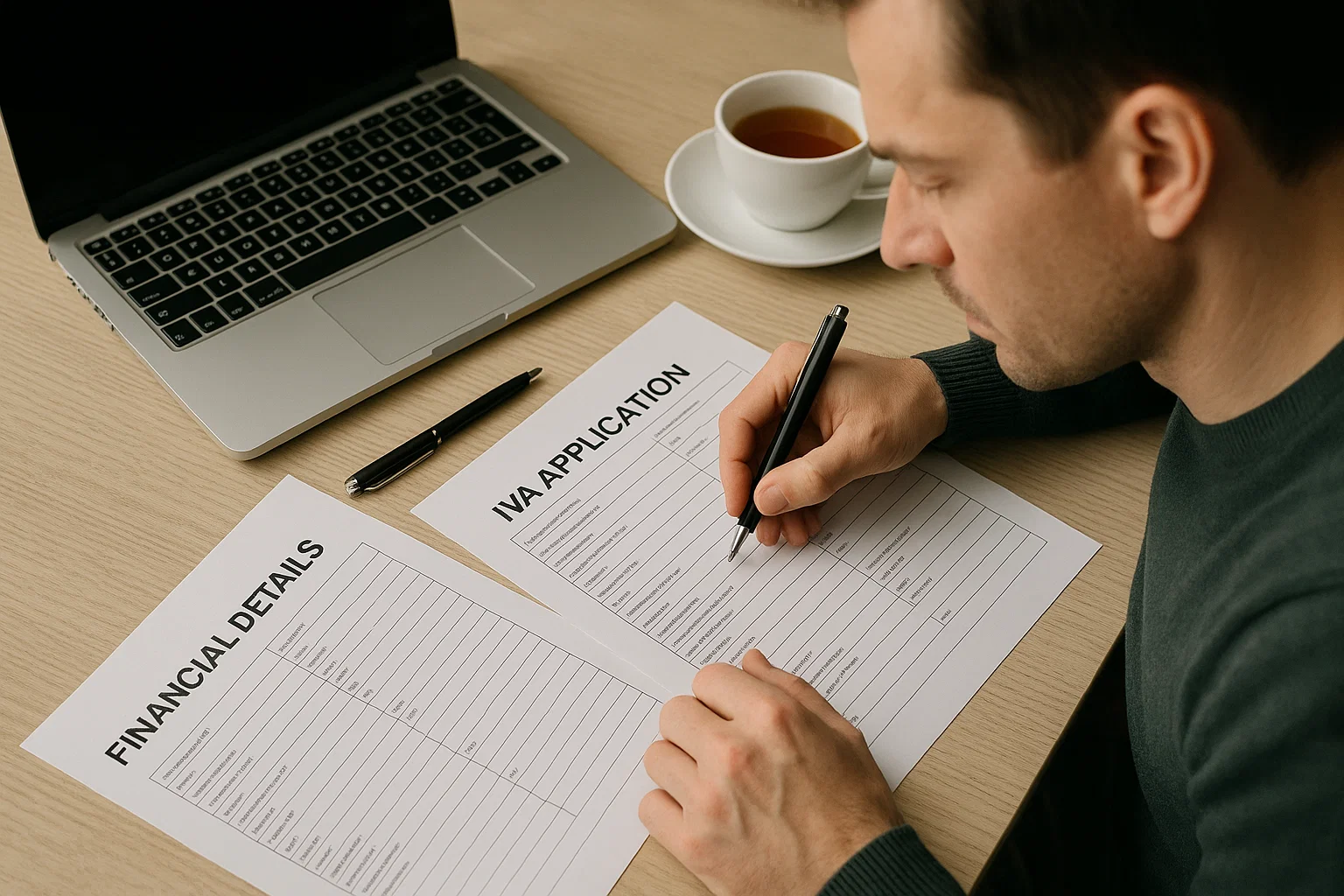 Person completing disclosure paperwork when applying for an IVA at home.
