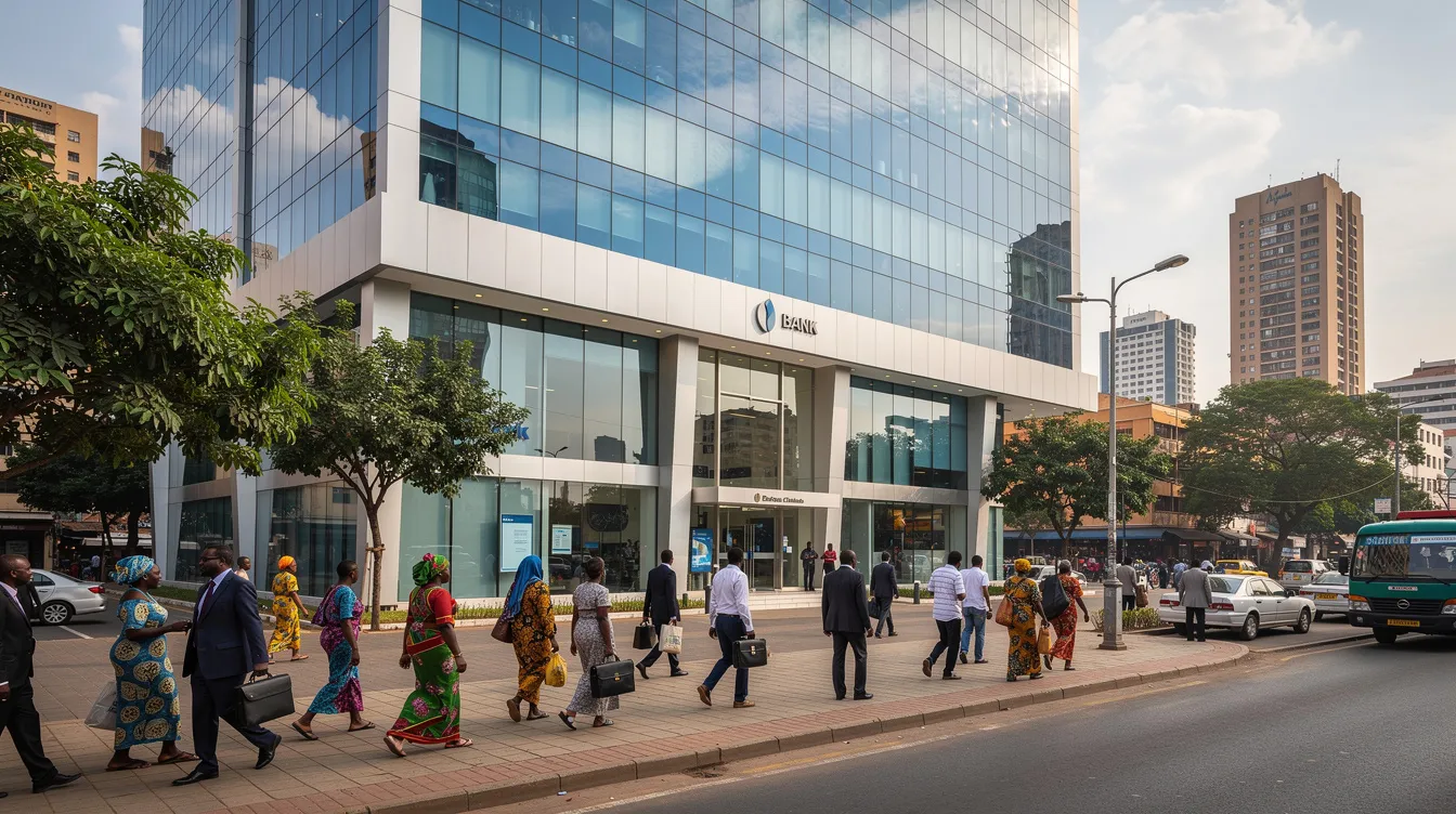 The image depicts a modern glass-fronted bank building, likely representing a prominent financial institution such as Stanbic Bank in Zimbabwe, with pedestrians walking outside. This vibrant scene reflects the bank's commitment to customer satisfaction and its role as a registered commercial bank serving the community.
