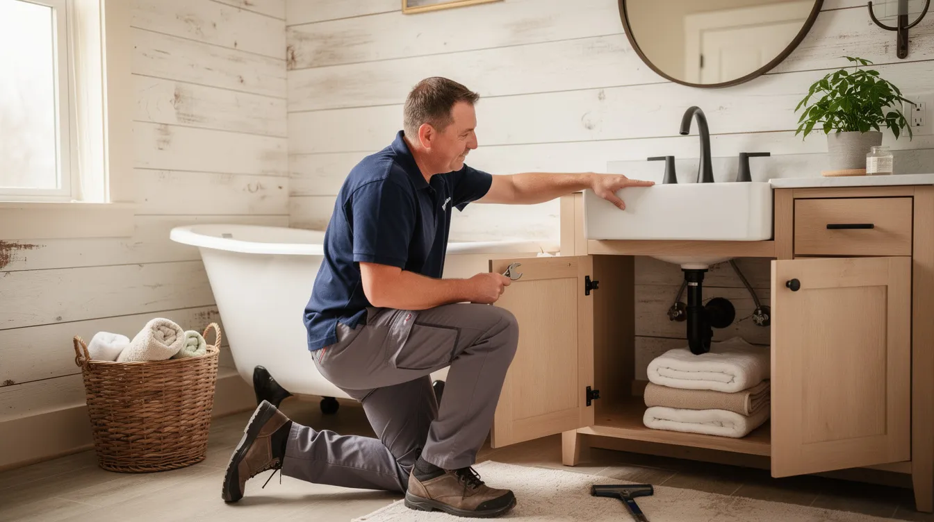 A licensed plumber is working in a warm, farmhouse-style residential bathroom, wearing a plain navy shirt and grey pants. The image captures the professional's role in maintaining the home's plumbing system, ensuring efficient water flow and addressing any potential plumbing issues.