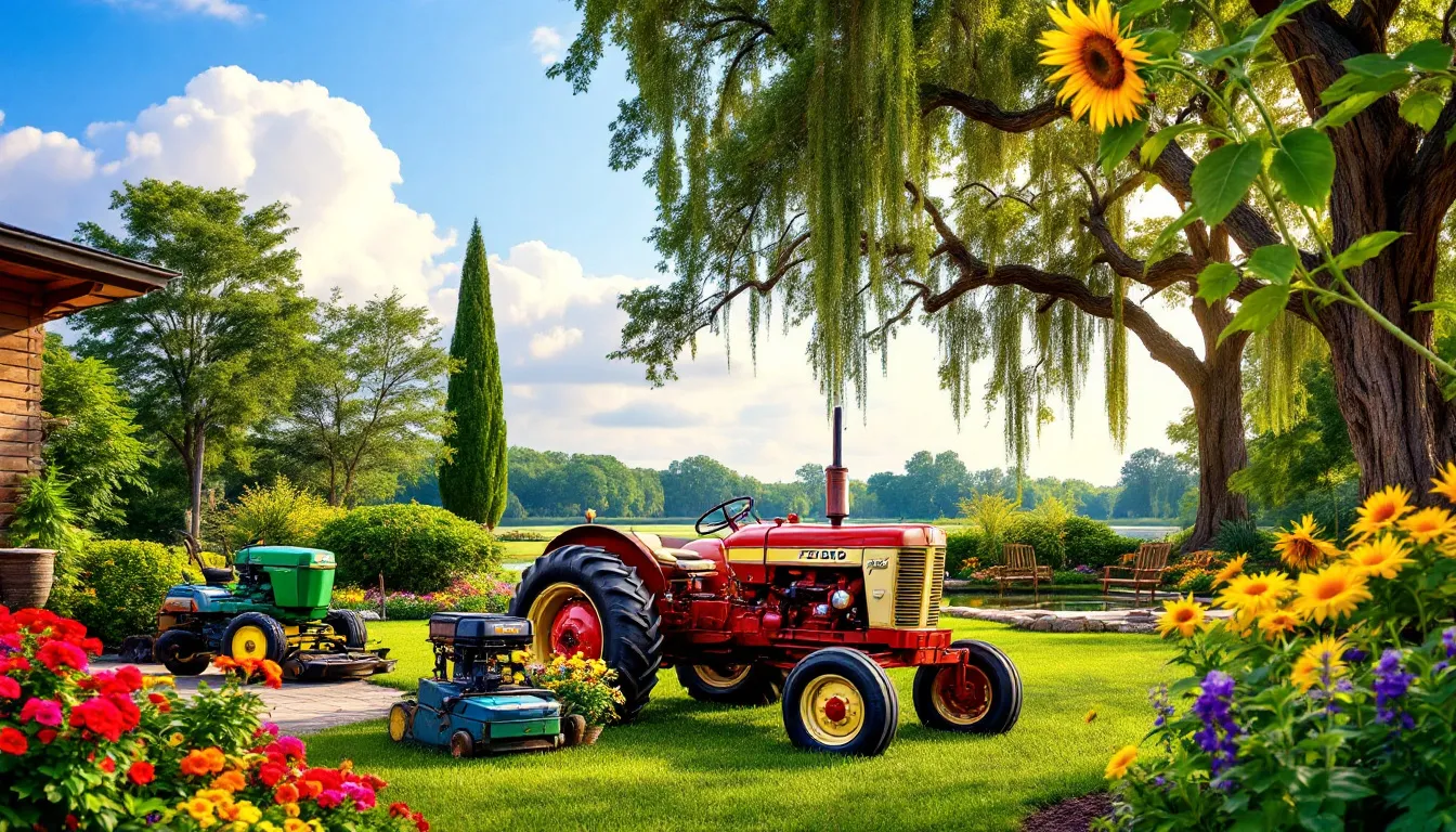 A variety of landscaping plants and equipment used for a landscaping business.