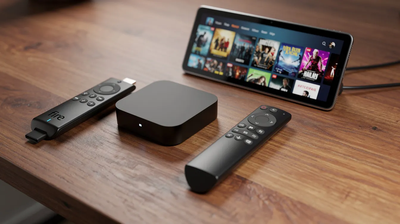 The image features a collection of streaming devices, including a Fire TV stick, an Android box, and a tablet, neatly arranged on a wooden table. These devices represent various options for accessing IPTV services and streaming live TV channels, perfect for viewers looking for the best IPTV service provider.