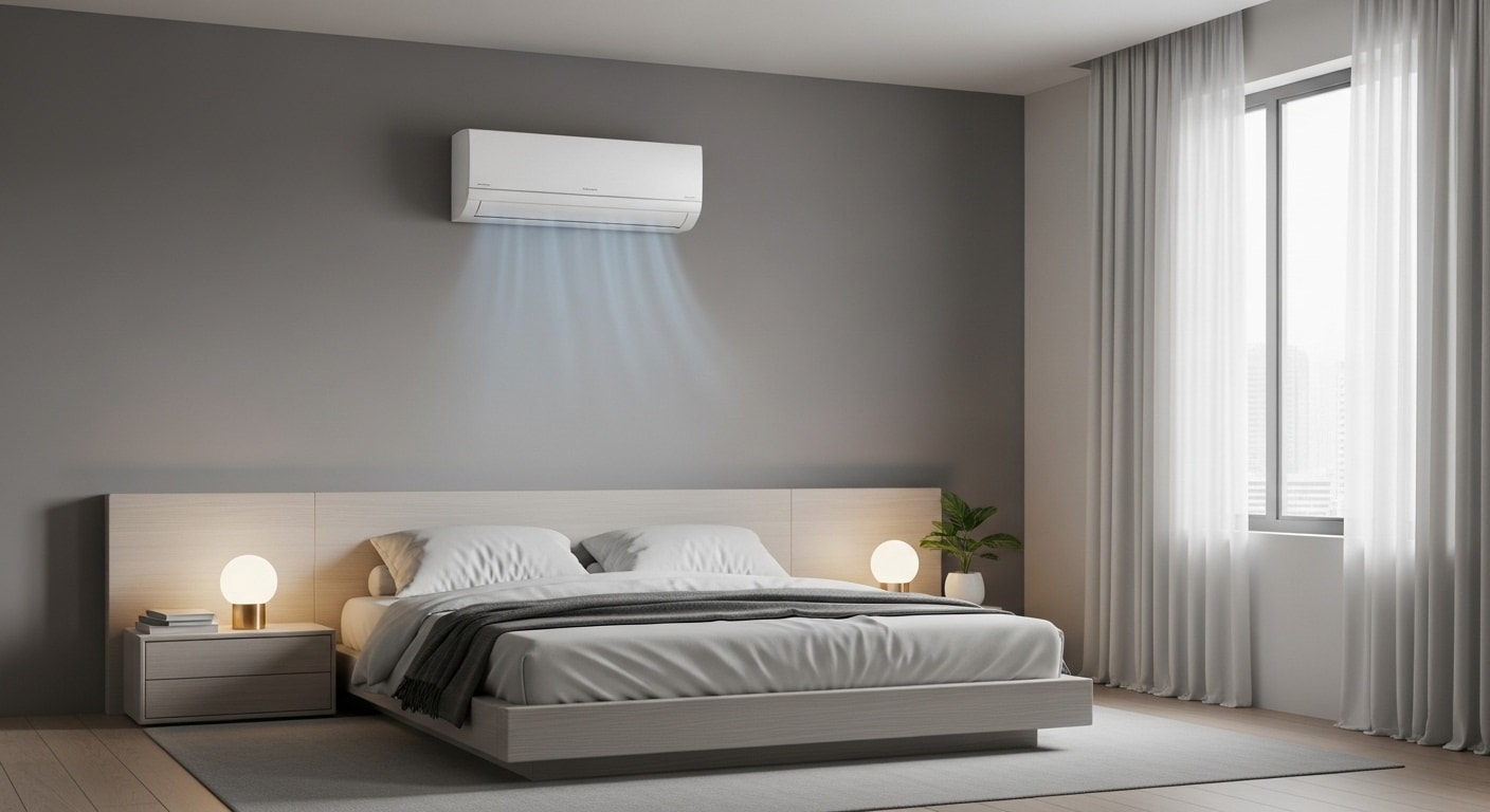 Tyst väggmonterad ac villa i ett modernt och vackert sovrum