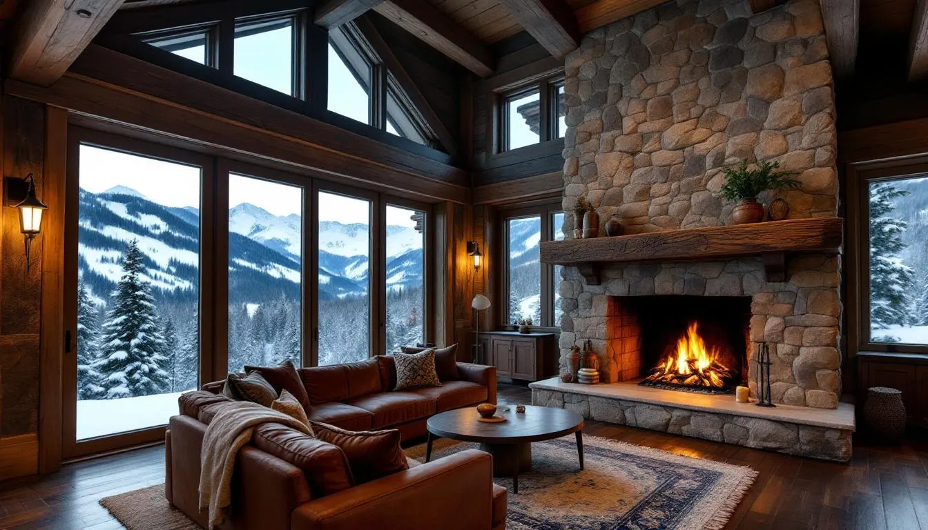 The image showcases a luxurious mountain chalet interior featuring a cozy stone fireplace, exposed wooden beams, and expansive windows that provide breathtaking views of the snowy peaks. This inviting space is perfect for guests looking to relax after a day of winter sports at the nearby Brian Head Resort.