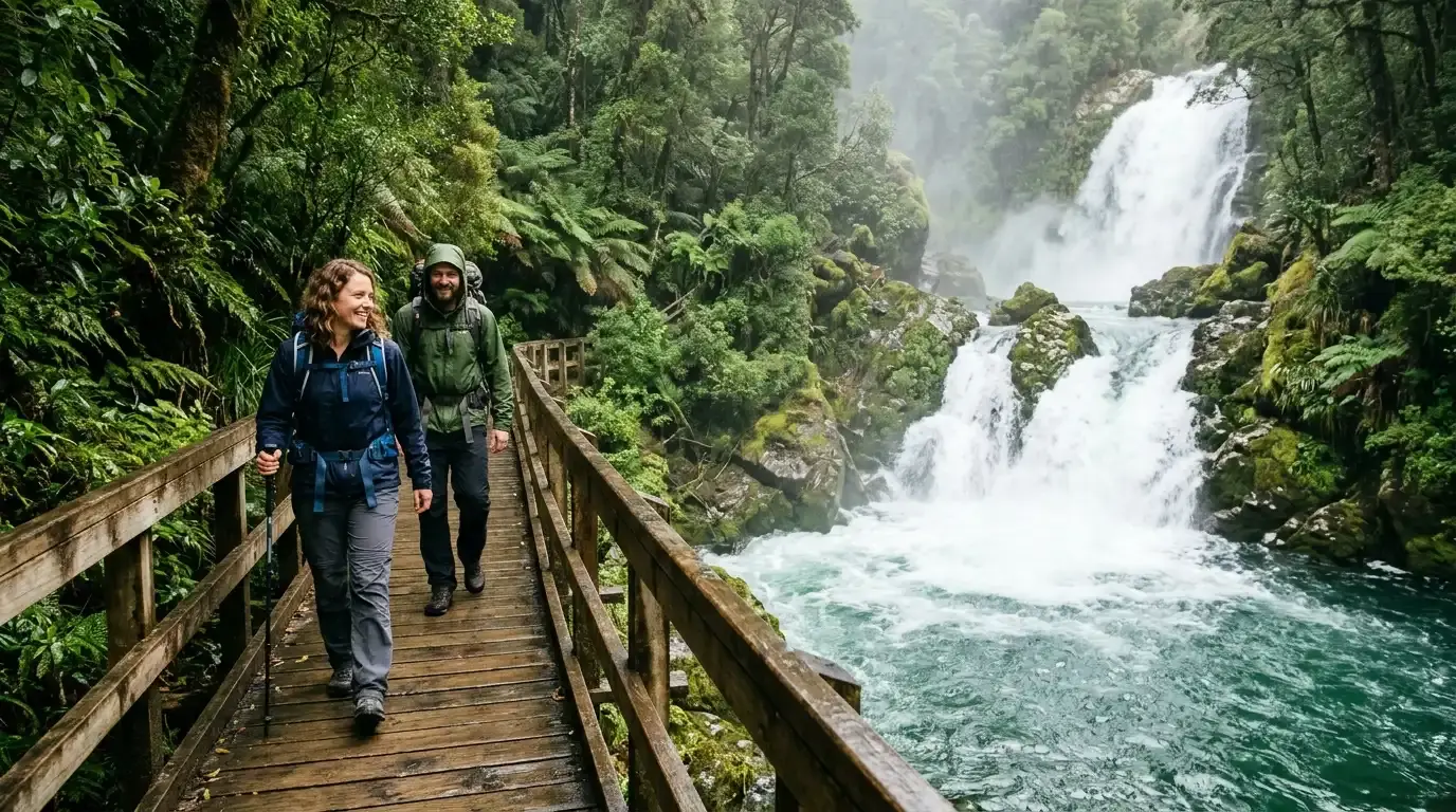 Two hikers walking a wooden boardwalk beside a forest waterfall