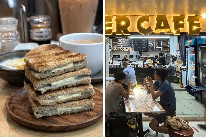 A side-by-side shot featuring a close-up of a stack of traditional toasted bread with thick slabs of butter and kaya spread on the left, and a warmly lit cafe where two people are seated at a marble-top table deep in conversation on the right.