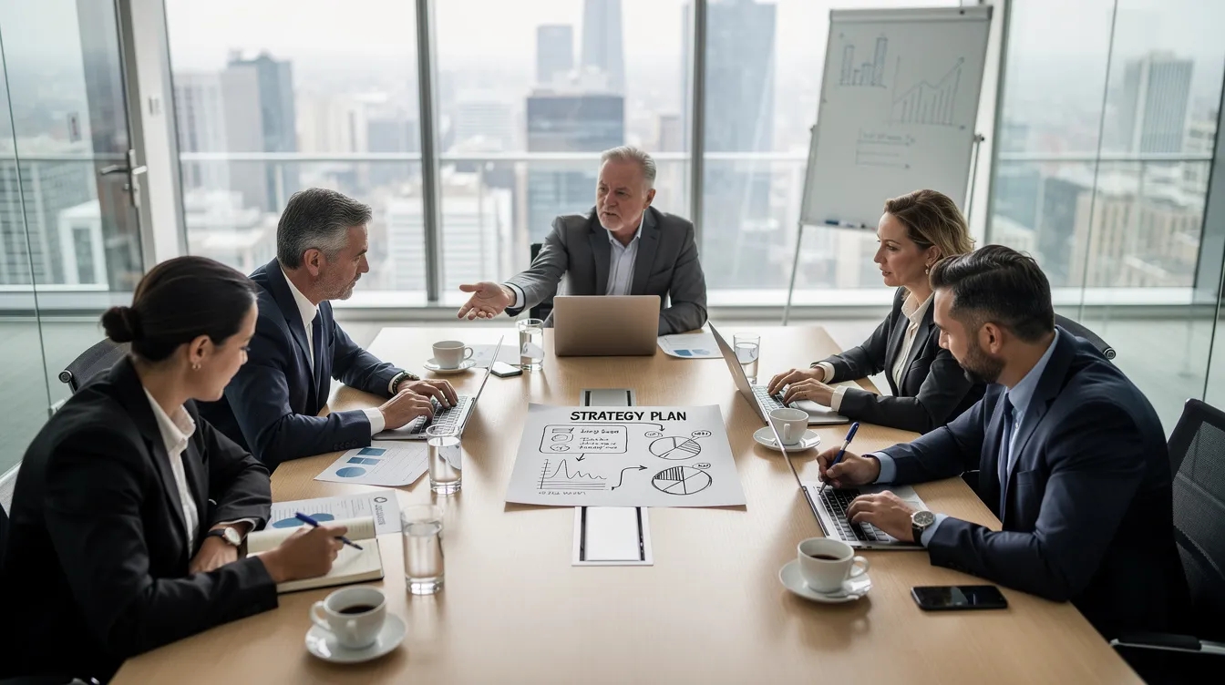 A diverse group of professionals is engaged in a strategy meeting around a conference table, filled with notebooks and coffee cups, discussing key topics related to trademark rights and trademark registration processes. The atmosphere is collaborative, reflecting their commitment to protecting valuable trademarks and navigating trademark law effectively.