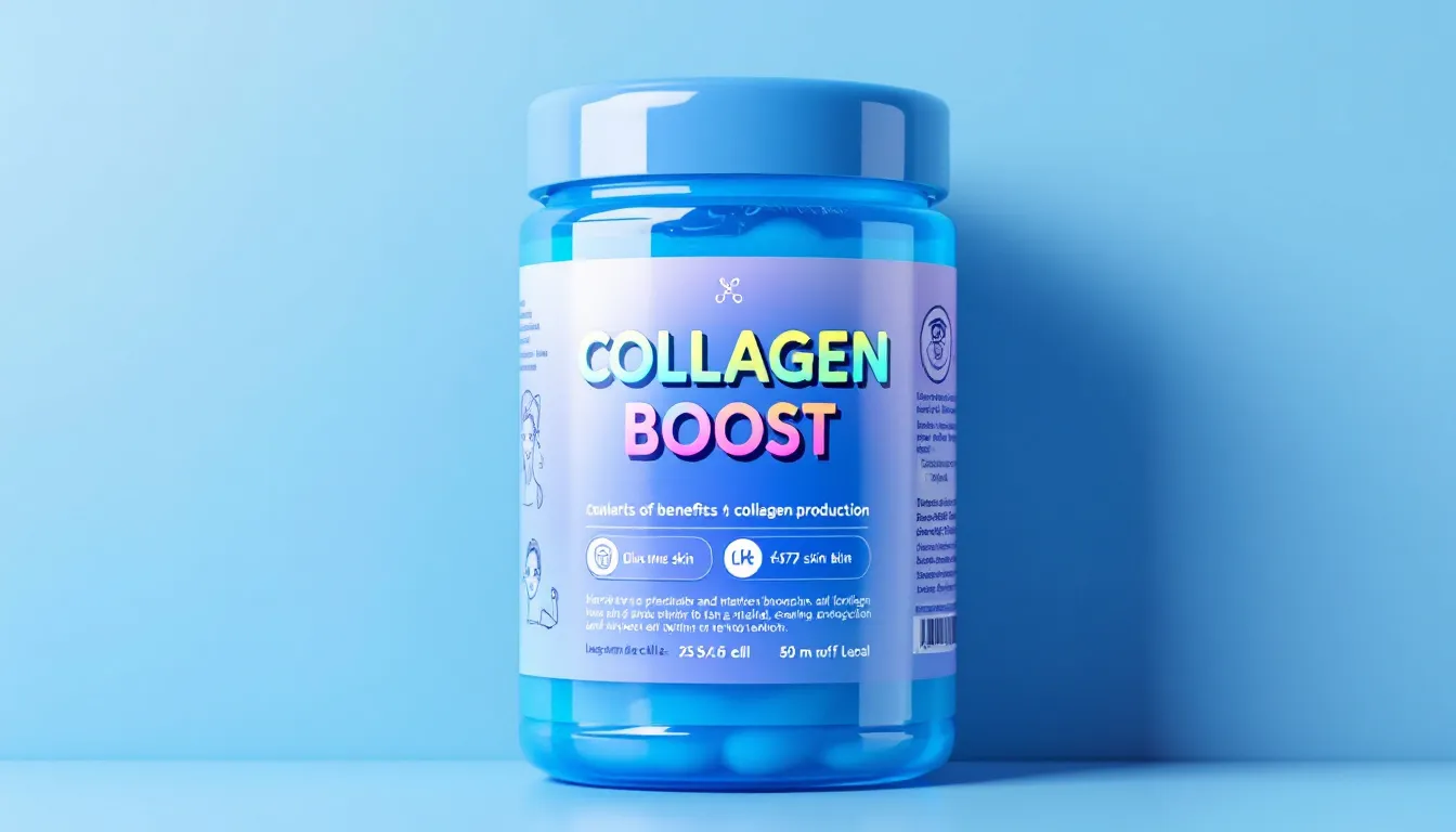 Packaging design of a peptide product emphasizing collagen production.