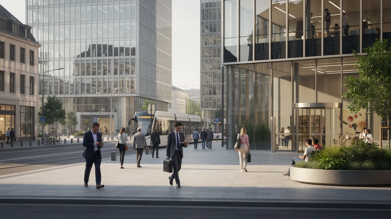 A bustling modern European business district features people walking among sleek glass office buildings, representing the dynamic daily life in cities like Luxembourg City, a popular expat destination in the heart of Europe. The scene captures the essence of urban living, where professionals navigate their way through administrative procedures and residency requirements while enjoying the vibrant atmosphere.