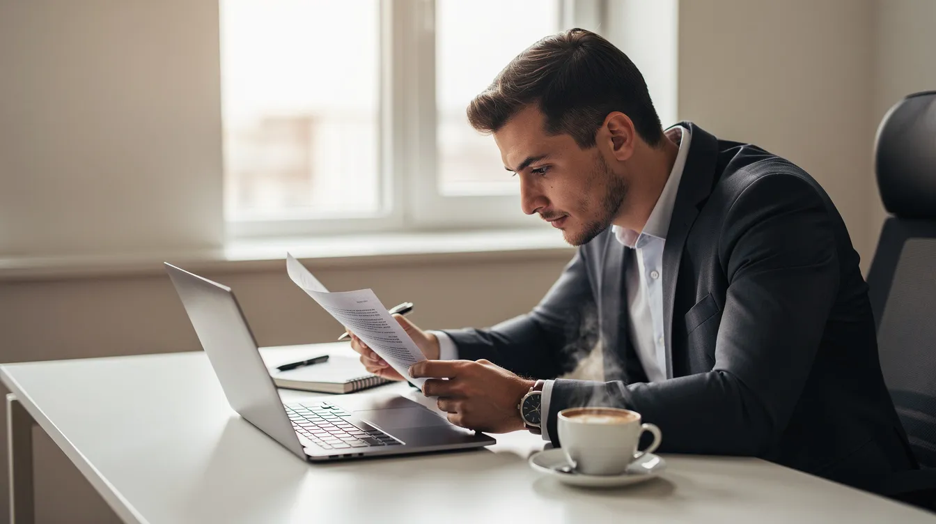 How to Improve Your CV in 2026 and Land More Interviews 2 A professional is seated at a clean desk, focused on a laptop displaying a document, while a cup of coffee rests nearby. This scene reflects a productive work environment, ideal for creating a tailored CV or preparing for job applications.