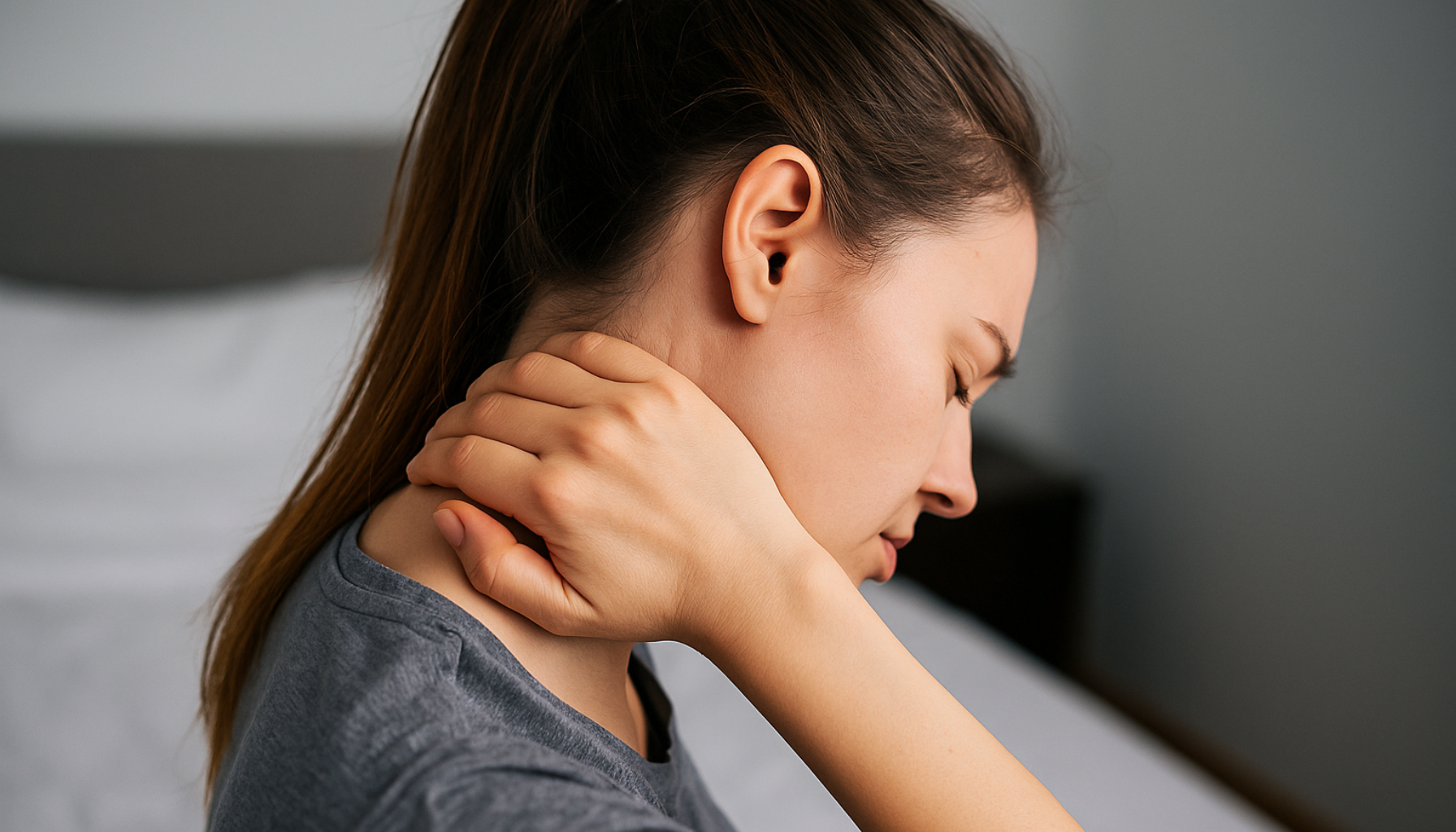 Ung kvinne med smerter i nakken holder seg bak hodet og ser plaget ut, sittende i et rom med naturlig lys.