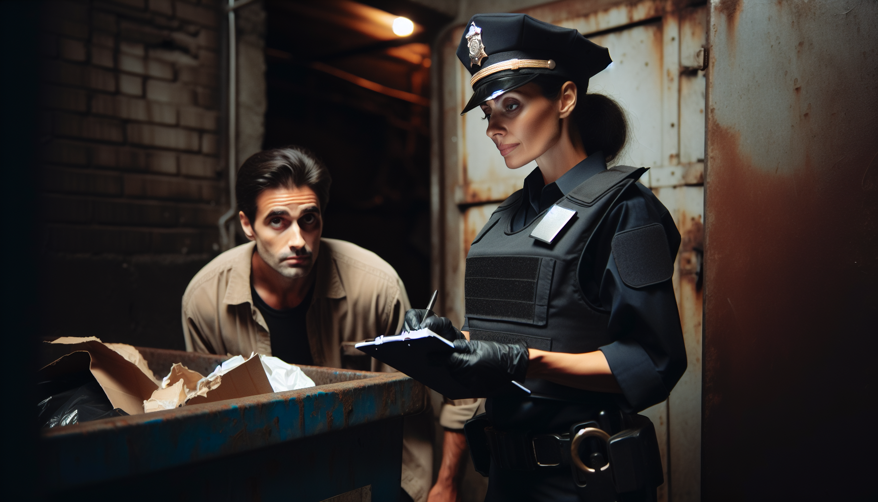 Police officer issuing a warning to a person dumpster diving