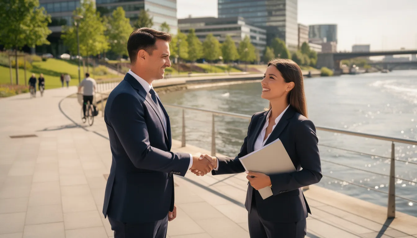 An experienced estate planning attorney shakes hands with a satisfied client against a scenic riverside backdrop, symbolizing trust and collaboration in navigating complex legal issues like the probate process. This image reflects the attorney's commitment to providing exceptional legal services in Riverside County.