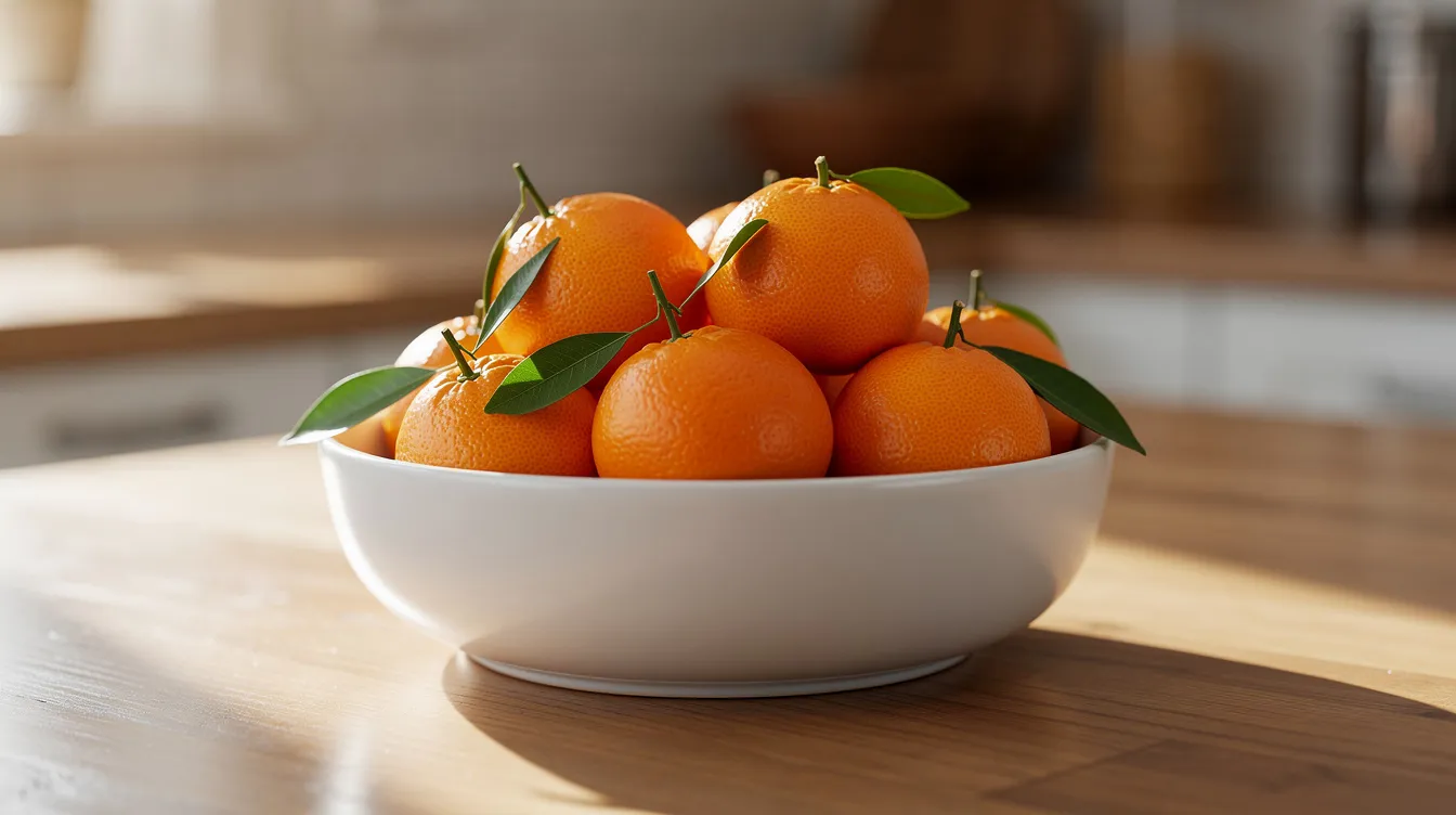 In der Keramikschale auf dem Küchentisch liegen mehrere leuchtend orange Clementinen, die durch ihre dünnere Schale und süßeren Geschmack im Gegensatz zu Mandarinen auffallen. Diese Zitrusfrüchte sind perfekt für eine gesunde Ernährung im Winter.