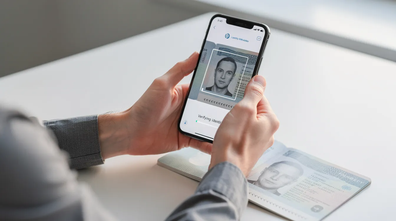 A person is using a smartphone to scan their passport for identity verification, likely as part of the EU Settlement Scheme application process to prove their immigration status in the UK. The focus is on the smartphone screen displaying the passport, emphasizing the importance of identity documents for applying for settled or pre-settled status.
