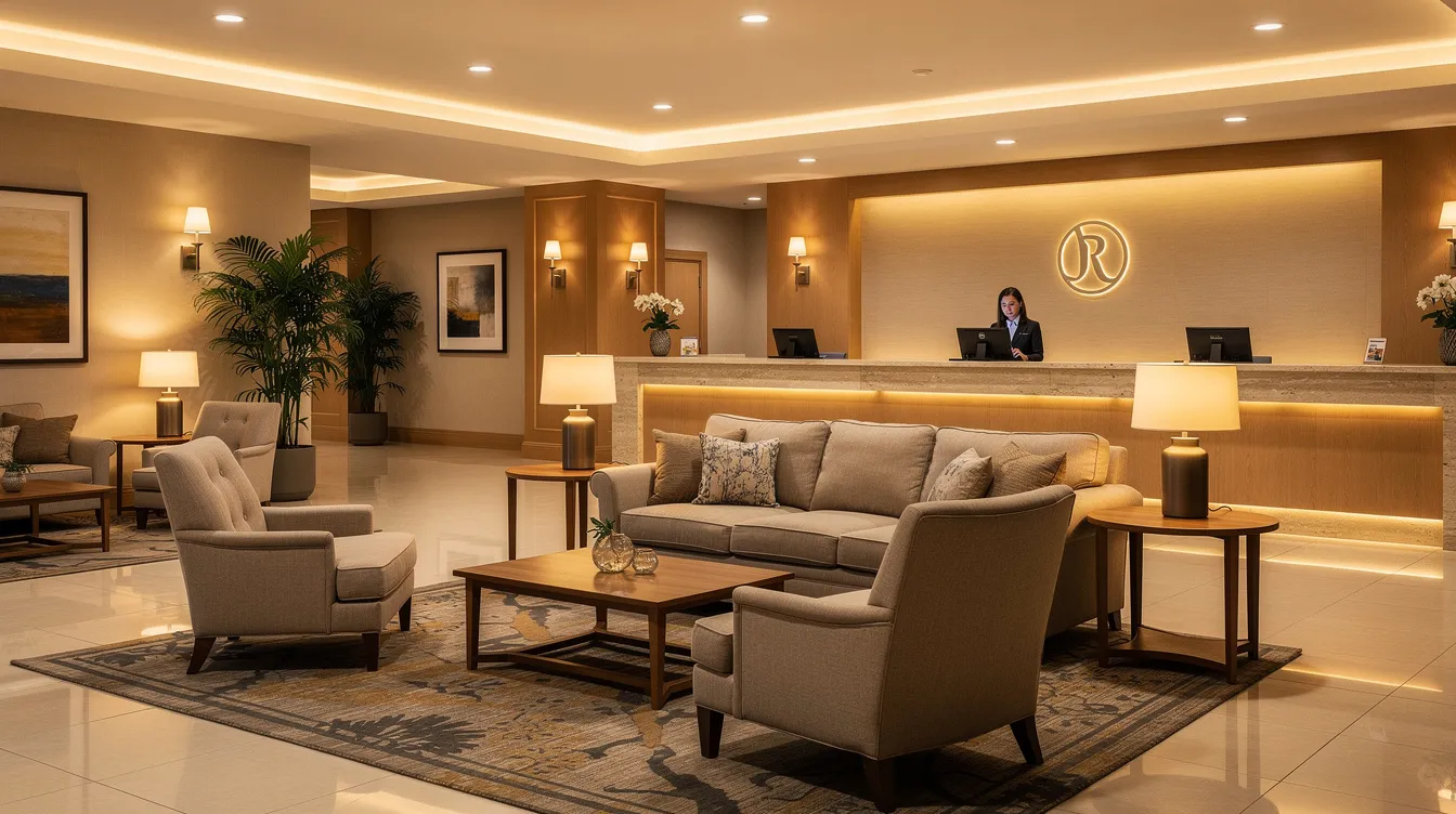 The image depicts a hotel lobby featuring a comfortable seating area with plush chairs and sofas, a sleek reception counter, and warm ambient lighting that enhances guest comfort. This inviting space is designed to create a positive guest experience in a 3-star hotel setting.