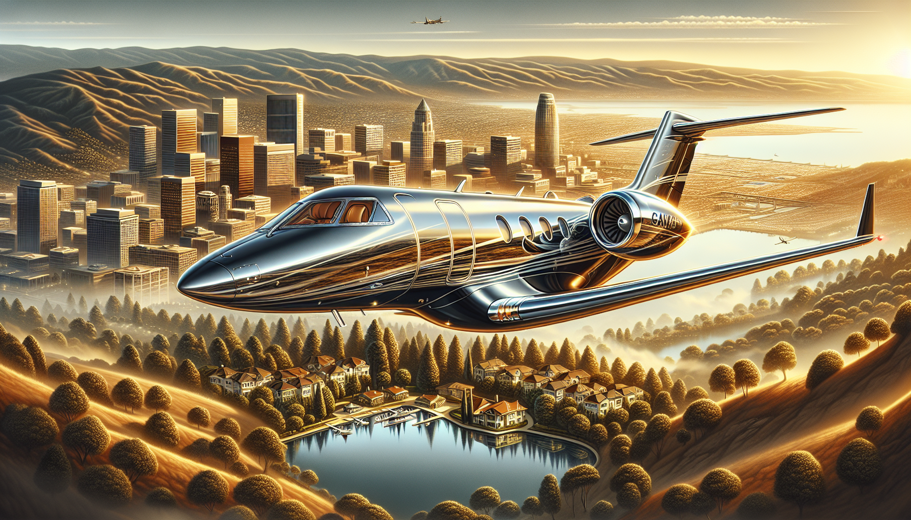 Luxury private jet flying over Hayward, California