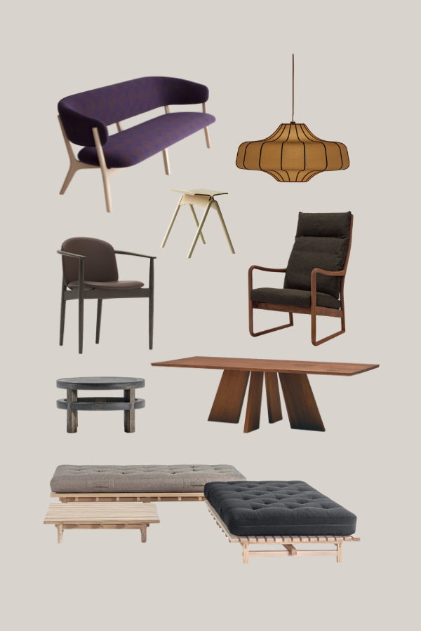 This image shows a collection of contemporary Japanese furniture including upholstered sofa, lounge chairs, wooden table, pendant lamp, low coffee table, cabinet, stool, and bench seating displayed on a neutral background by craftsmen