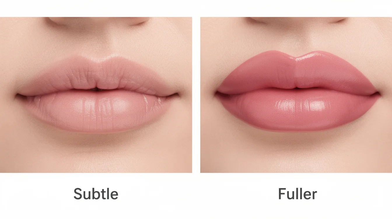 The image presents a side-by-side comparison of two pairs of lips, illustrating the key differences between a subtle enhancement achieved through a lip flip and a fuller appearance created with lip filler. The left side shows a naturally enhanced upper lip with a subtle lift, while the right side displays a more pronounced volume typical of lip filler results, highlighting the various options for lip augmentation.