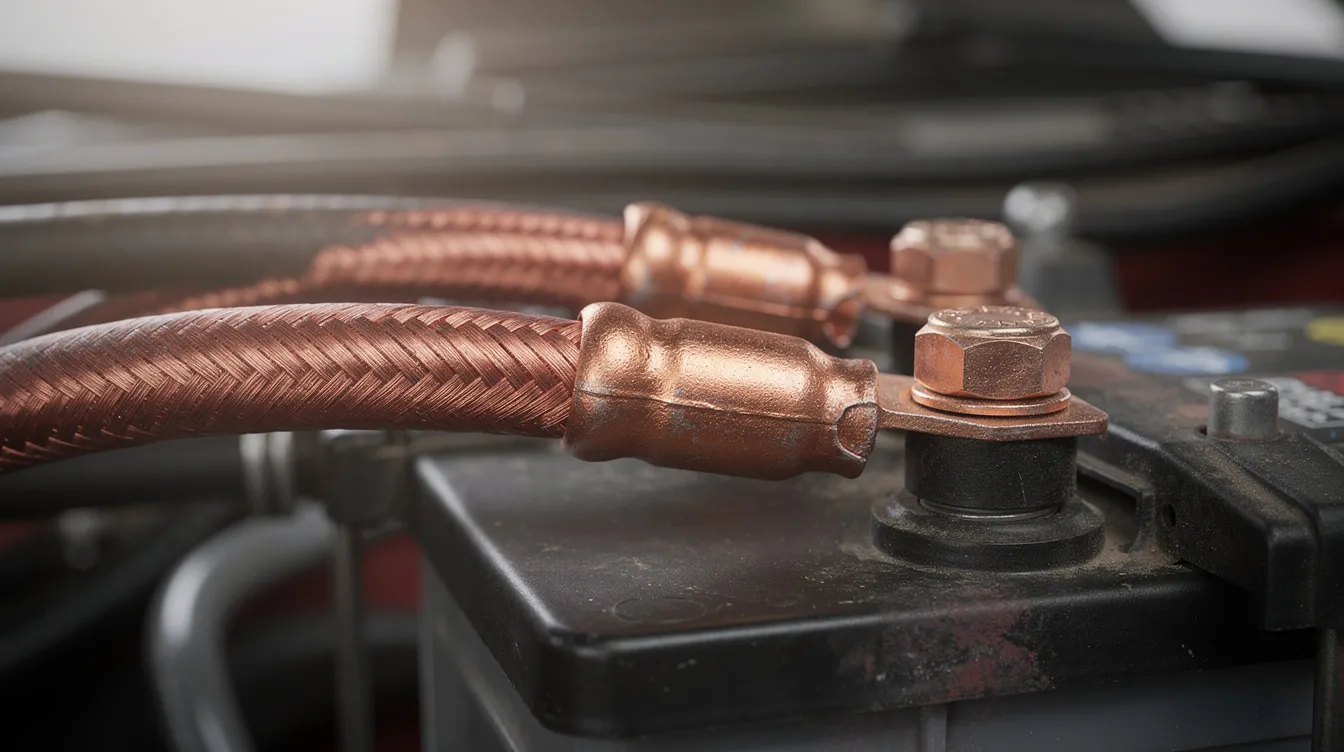 The image shows thick OFC copper cables with crimped lugs securely connected to a car battery terminal, highlighting the essential components of a car's electrical system for enhanced performance. This setup is crucial for powering high output alternators and audio systems, ensuring reliable energy delivery for car audio upgrades.