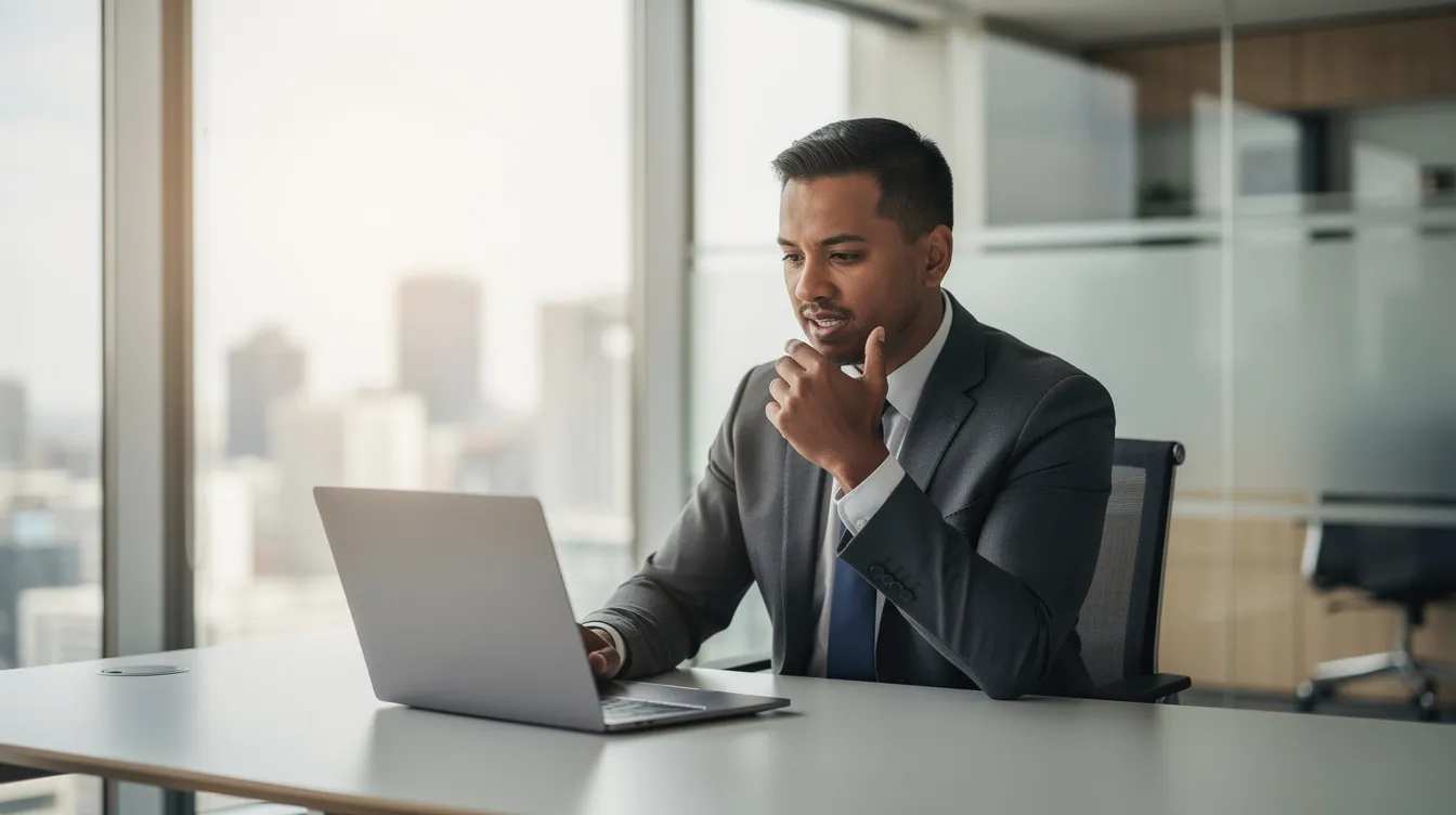 A professional is engaged in a conversation while looking at a laptop screen in a modern office setting, likely analyzing financial data or discussing the use of AI accounting tools. The scene reflects the integration of AI technology in accounting, emphasizing the shift towards automating routine tasks and enhancing financial management.