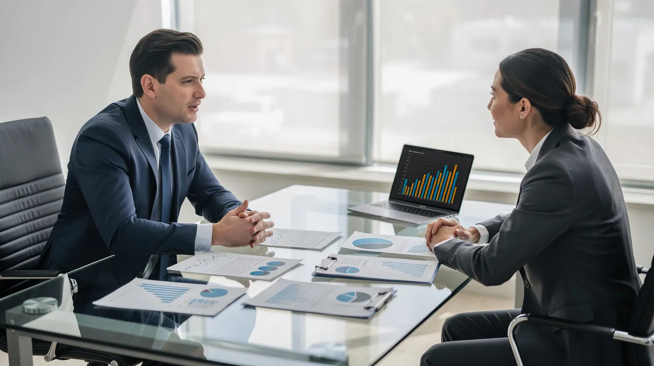The image shows a professional advisor sitting across from a client in an office meeting, discussing various financial documents, including loan applications and repayment plans. The advisor is explaining details related to 二線 財務 and potential 二線 清 數 計劃 to assist the client in understanding their financial options.