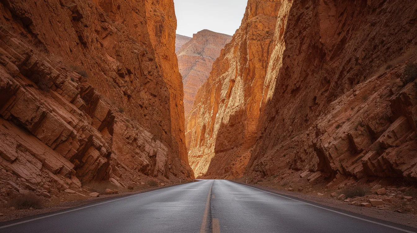 Un canyon étroit aux hautes parois rocheuses couleur rouille, traversé par une route goudronnée.