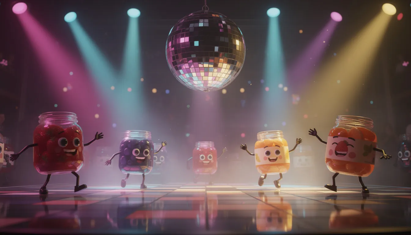 En discokula reflekterar färgglada ljus medan animerade syltburkar dansar omkring, vilket skapar en livlig atmosfär. Denna bild fångar glädjen och energin i ett kasino med fokus på spel och underhållning.