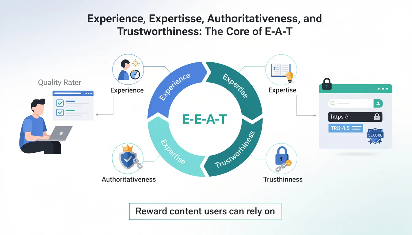 The image illustrates the concept of E-A-T (Experience, Expertise, Authoritativeness, and Trustworthiness) in content creation, highlighting key elements such as the importance of subject matter expertise, brand reputation, and the role of Google's quality raters in evaluating content quality. It visually represents how these factors contribute to high search rankings and user trust in digital content.