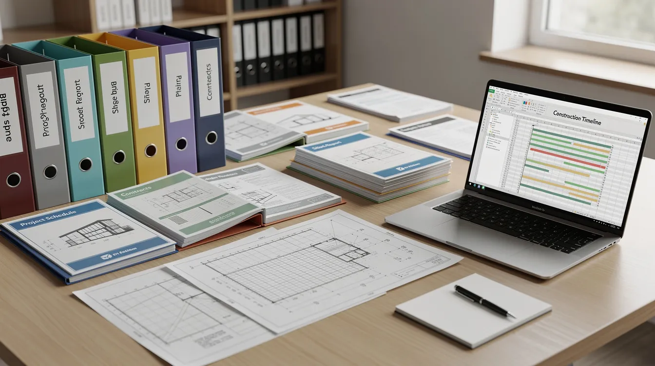 The image shows a neatly organized array of construction project documents and folders on an office desk, accompanied by a laptop, highlighting the importance of due diligence and compliance with applicable codes in the planning and execution of construction projects. This setup reflects the structured approach necessary for professionals, such as architects and engineers, to manage contracts and mitigate risks associated with professional negligence.