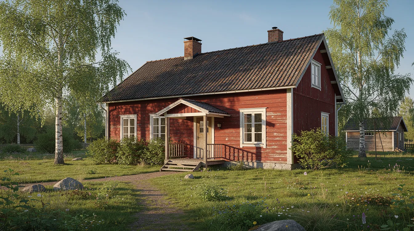 Kuvassa näkyy vanha punainen rintamamiestalo, jonka kulunut puuverhous hehkuu kesäisessä suomalaisessa pihamaisemassa. Talo on osa remonttia, jossa sen ulkoverhouksen kuntoa ja kauneutta pyritään säilyttämään.