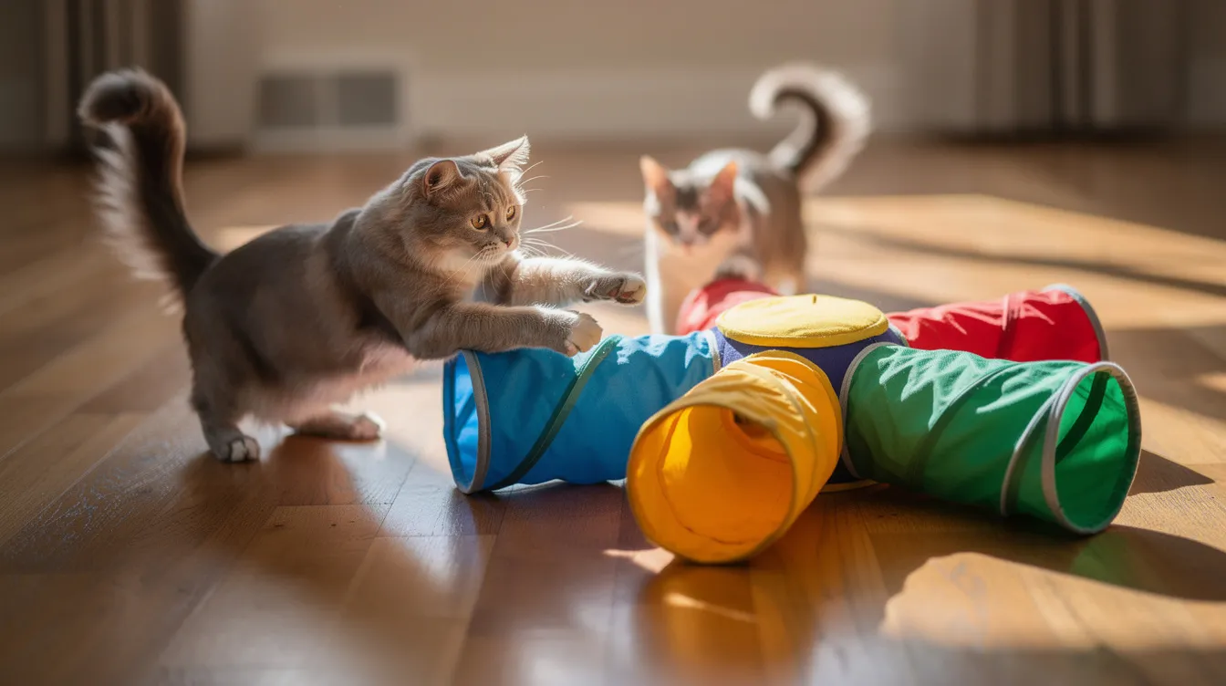 Two playful cats are seen near a three-way fabric cat tunnel on a hardwood floor, engaging in fun and exploration as they chase each other and peek through the openings of the cozy tunnel. The scene captures the joy of playtime, showcasing how much cats love to hide and ambush in their favorite cat play tunnels.
