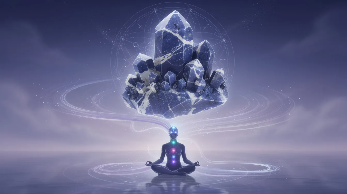 The image showcases a variety of sodalite stones, including polished sodalite tumbled stones and sodalite jewelry, highlighting their rich blue color and unique white veins. These decorative stones are often associated with metaphysical healing properties, particularly in relation to the throat chakra and emotional balance.