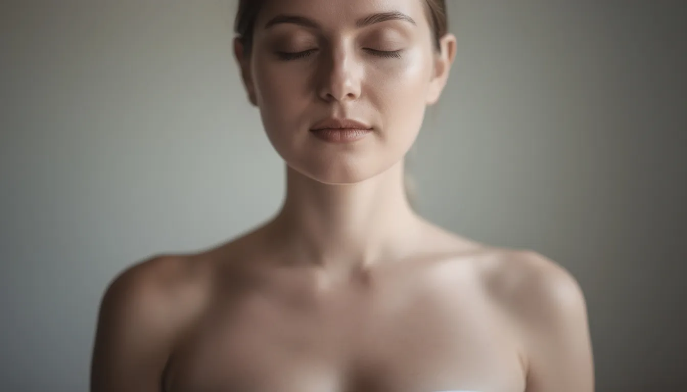 A close-up of a person with closed eyes in a peaceful meditation pose, demonstrating relaxed breathing techniques such as deep breathing and diaphragmatic breathing. This serene moment highlights the importance of conscious breathing for achieving deeper relaxation and enhancing mental clarity.