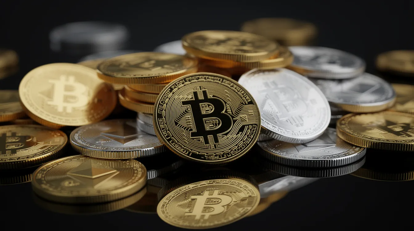 The image features gold and silver cryptocurrency coins, including Bitcoin and Ethereum, meticulously arranged on a dark reflective surface, creating a striking visual contrast. This representation of digital currency evokes the modern landscape of online casinos and gaming, where cryptocurrencies are increasingly accepted as payment methods.