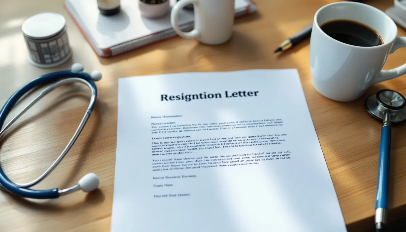 A nurse resignation letter rests on a table alongside a stethoscope and a cup of coffee, symbolizing the transition process as the nurse prepares to leave their current position in the healthcare facility. The letter, written with a professional tone, expresses gratitude for the nursing career and outlines the intention to resign with ample notice.