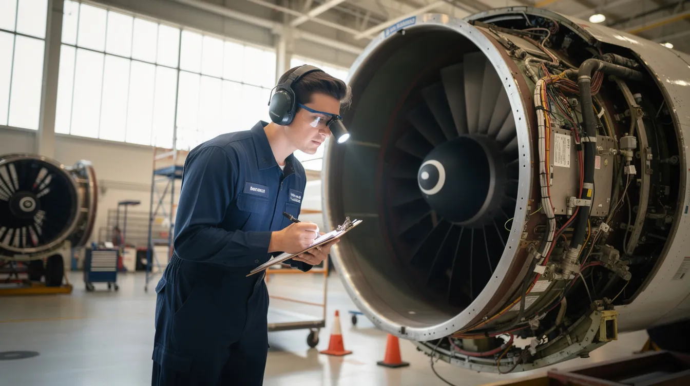 An aviation maintenance student is inspecting an aircraft engine in a hangar, showcasing hands-on training essential for becoming a certified aviation maintenance technician. The student utilizes various tools to ensure the engine's systems are functioning properly, highlighting the practical skills gained in their aviation maintenance program.