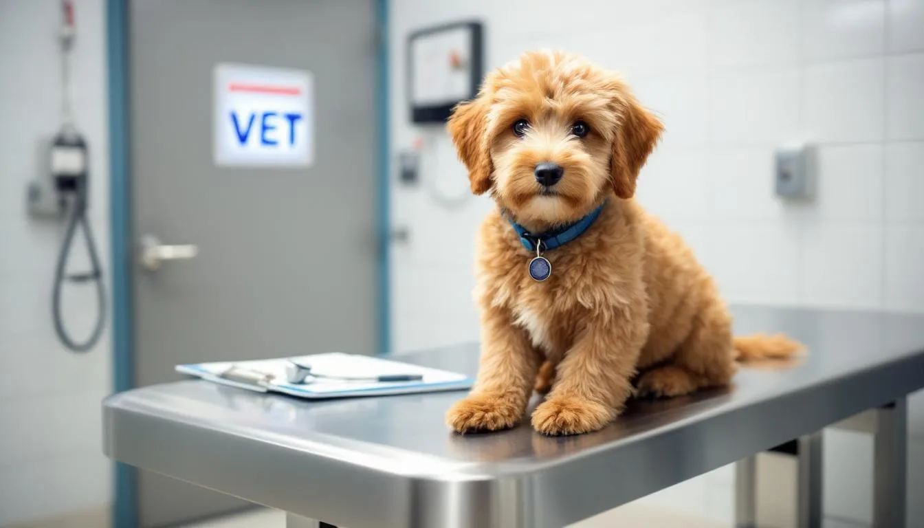 A miniature goldendoodle is sitting on an examination table at a veterinary clinic, looking curious and friendly during its check-up. The dog